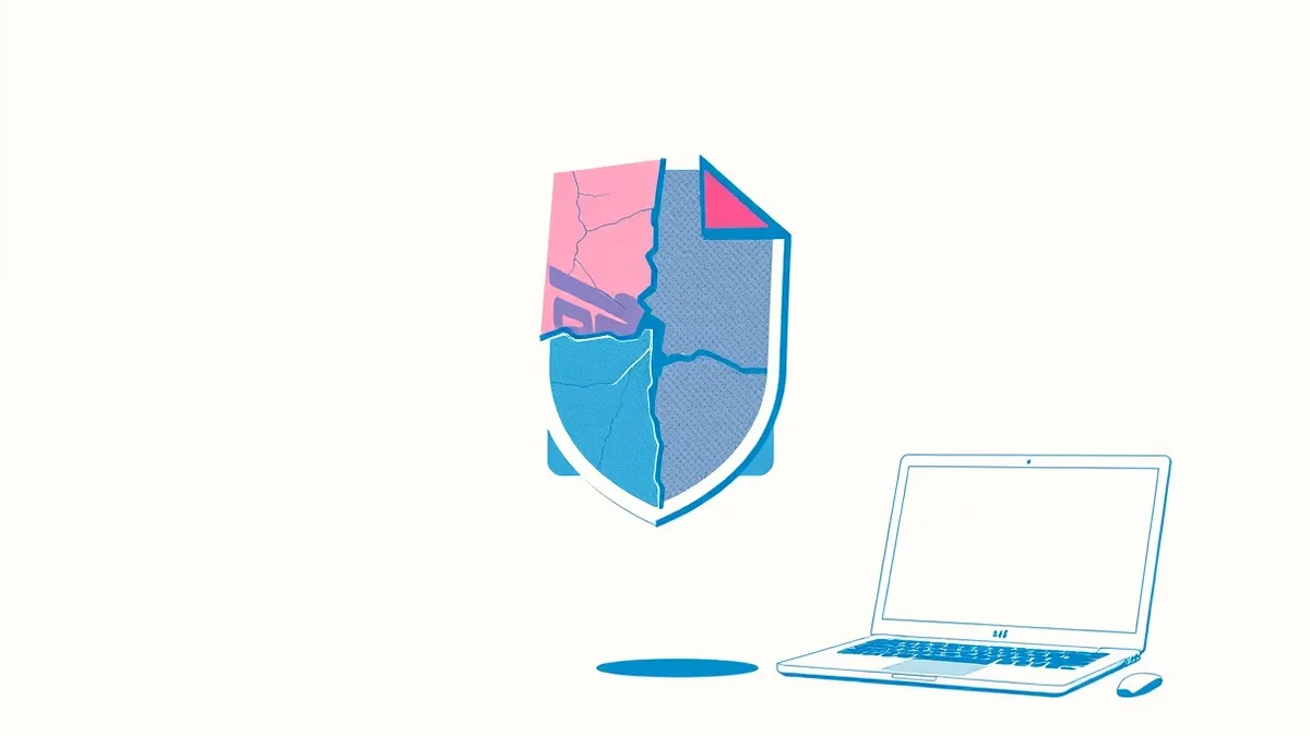 Illustration: A single digital file icon floats in the air with a translucent, cracked shield overlaying it.
