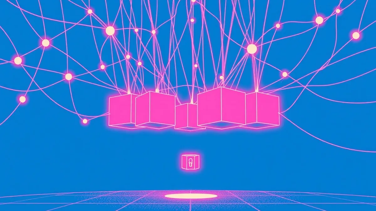 Illustration: A tangled web of glowing fibers connects floating geometric blocks in midair.