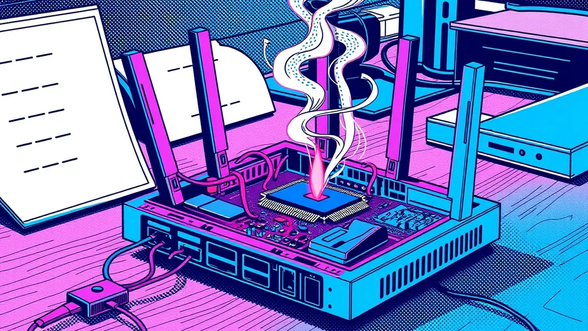 Illustration: A disassembled router sits on a workbench, its internal circuit board exposed and glowing faintly red at the microchip.