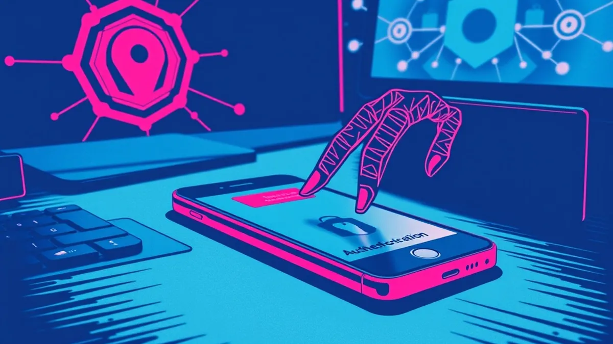 Illustration: A smartphone rests on a desk, its screen displaying a blurred authentication prompt.