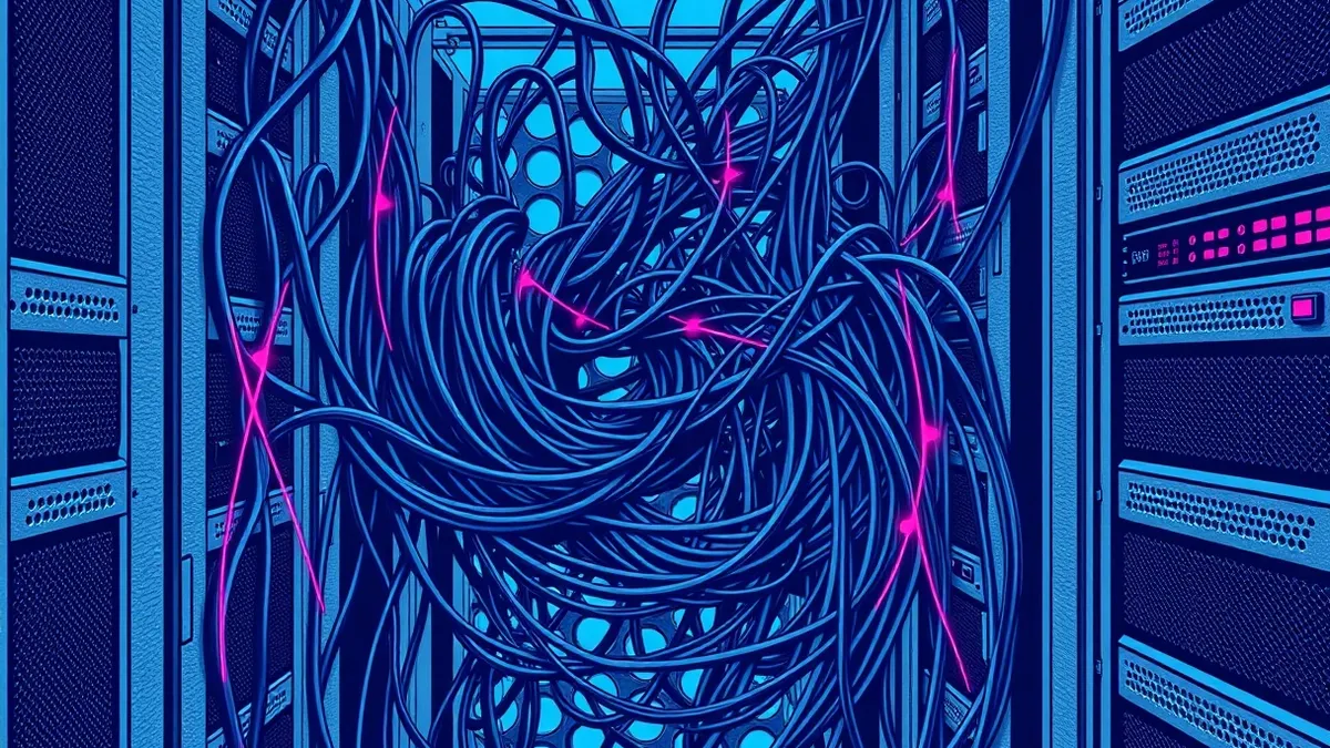 Illustration: A tangled mass of dark, serpentine cables snakes through a maze of gray server components, slipping past rigid metal barriers.