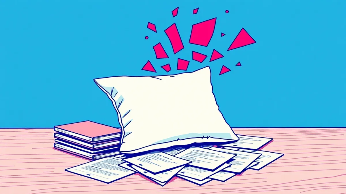 Illustration: A small white pillow sits on a wooden table next to a stack of compressed image files.