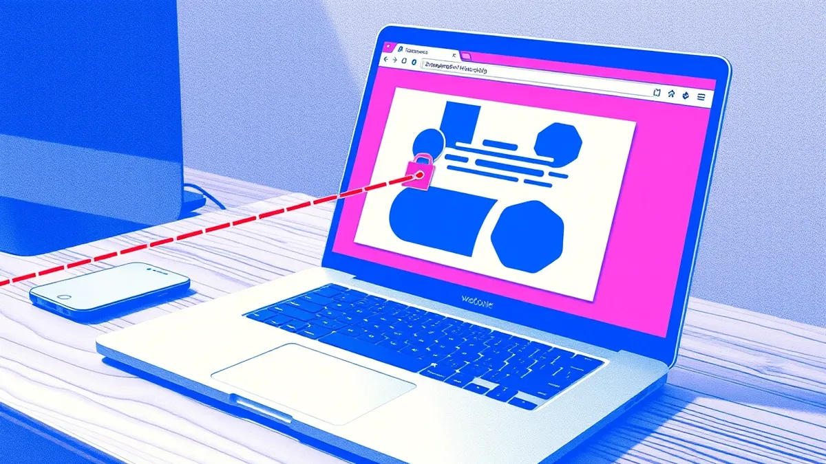 Illustration: A sleek silver laptop sits on a wooden desk, its screen displaying a generic web browser window with abstract blue shapes.
