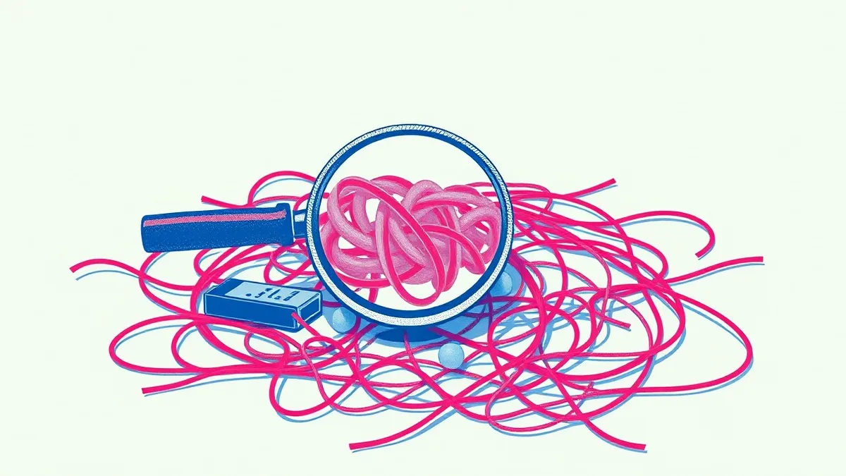 Illustration: A solitary magnifying glass hovers over a tangled web of abstract red and grey threads on a plain surface, highlighting one specific knot while the rest remains blurr