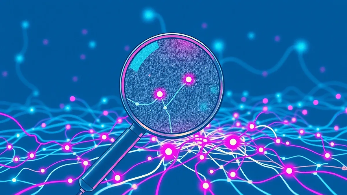 Illustration: A magnifying glass hovers over a tangle of glowing network cables and scattered digital nodes.