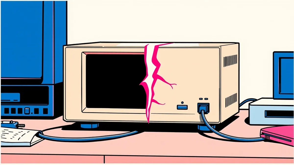 Illustration: A beige network gateway appliance sits on a desk with a single ethernet cable plugged in.