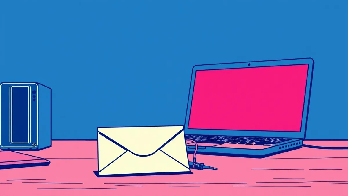 Illustration: A stark office desk holds a single sealed envelope resting beside a rugged external hard drive.
