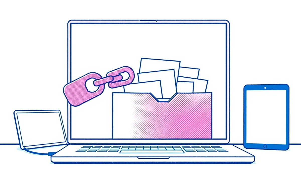 Illustration: A generic website interface displays a broken link icon pointing towards an open folder filled with abstract file shapes.