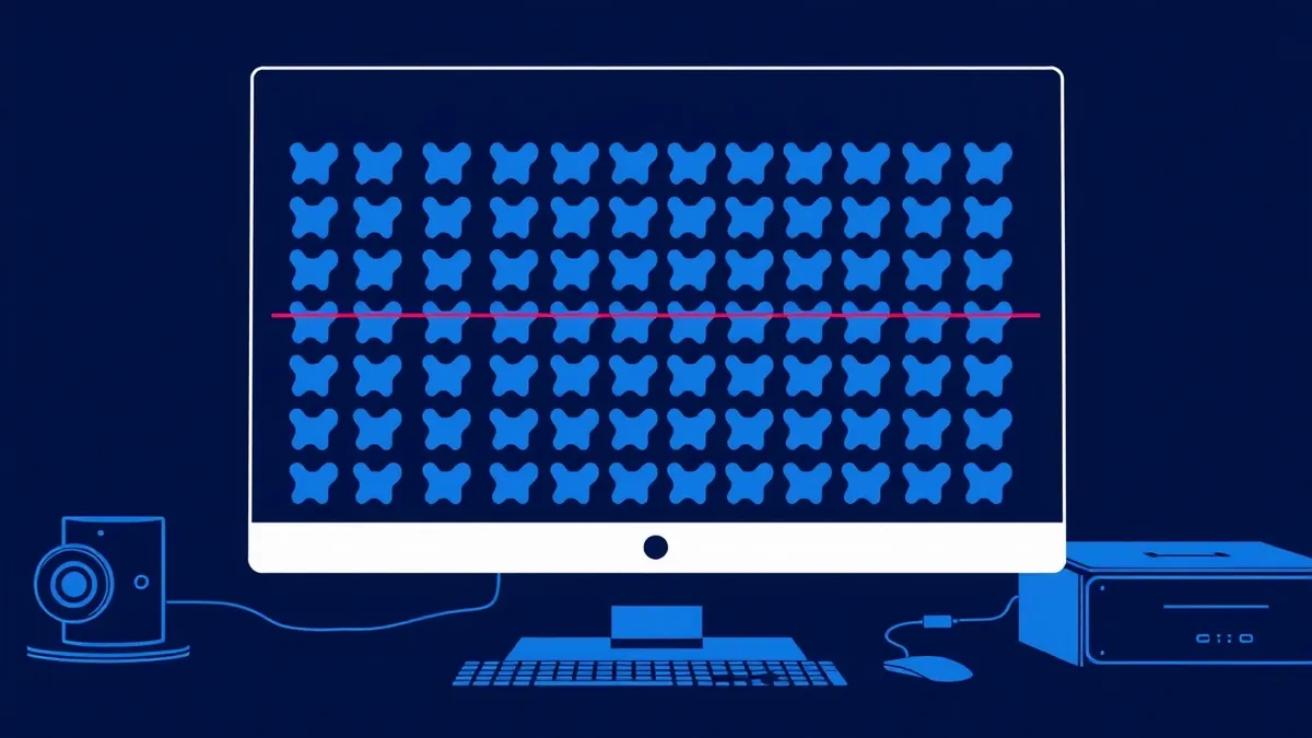 Illustration: A sleek monitor sits on a desk, displaying rows of abstract gray shapes against a dark background.