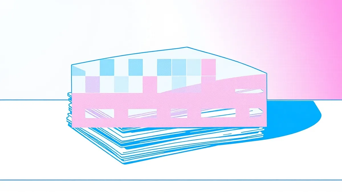 Illustration: A translucent layer of blurred blocks covers a stack of physical files, but distinct geometric shadows of the original documents show through the fuzzy surface, revea