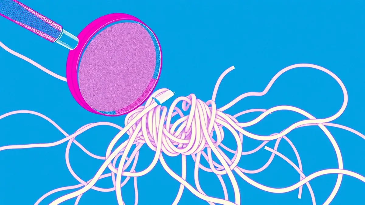 Illustration: A magnifying glass hovers over a tangled knot of glowing white cables.