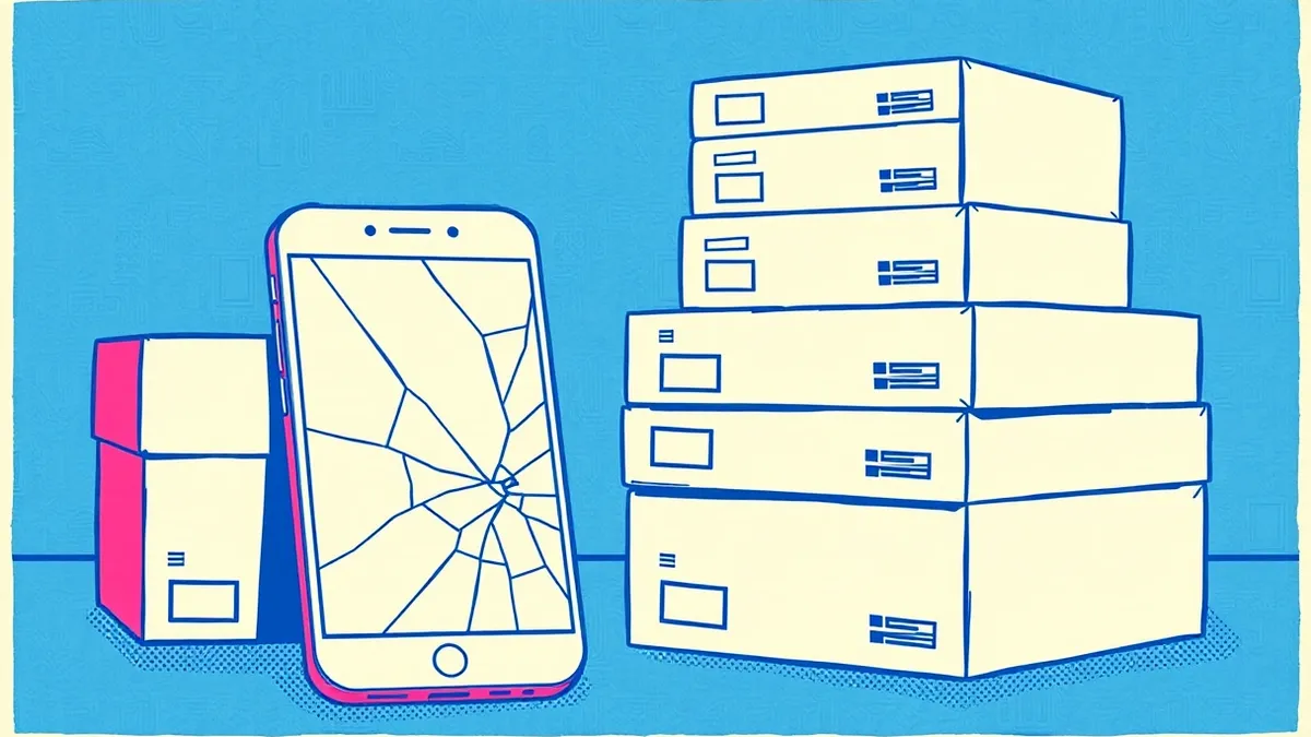 Illustration: A cracked smartphone screen sits next to a stack of unopened software update boxes.