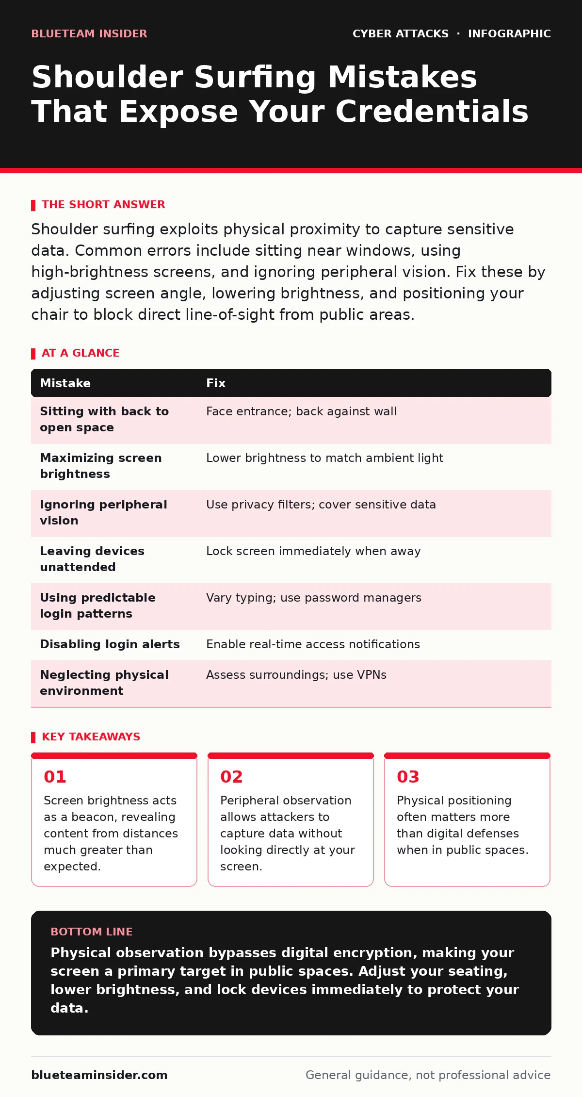 Infographic: Shoulder Surfing Mistakes That Expose Your Credentials. Screen brightness acts as a beacon, revealing content from distances much greater than expected. Peripheral observation allows attackers to capture data without looking directly at your screen. Physical positioning often matters mo