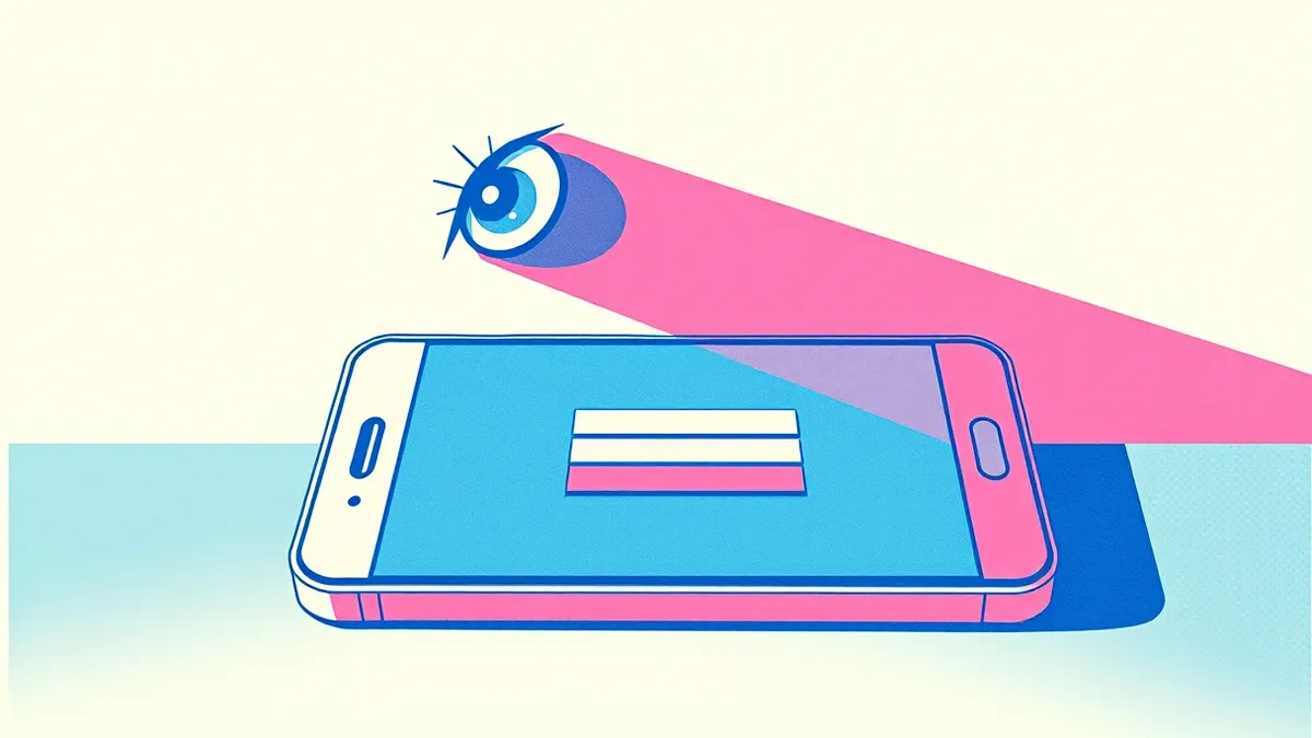 Illustration: A smartphone screen displays a blank login form while a small, sharp shadow of an eye hovers directly above the device.