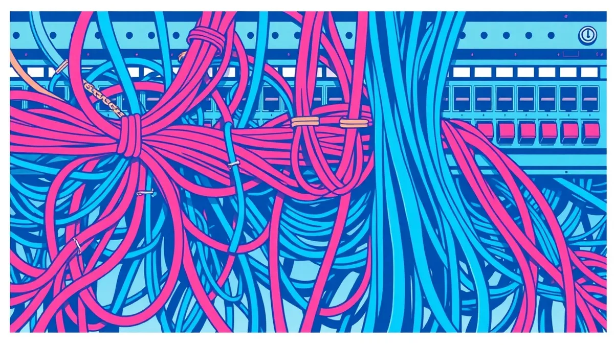 Illustration: A tangled mess of colorful network cables is neatly divided into three separate, isolated bundles by sturdy plastic cable ties.