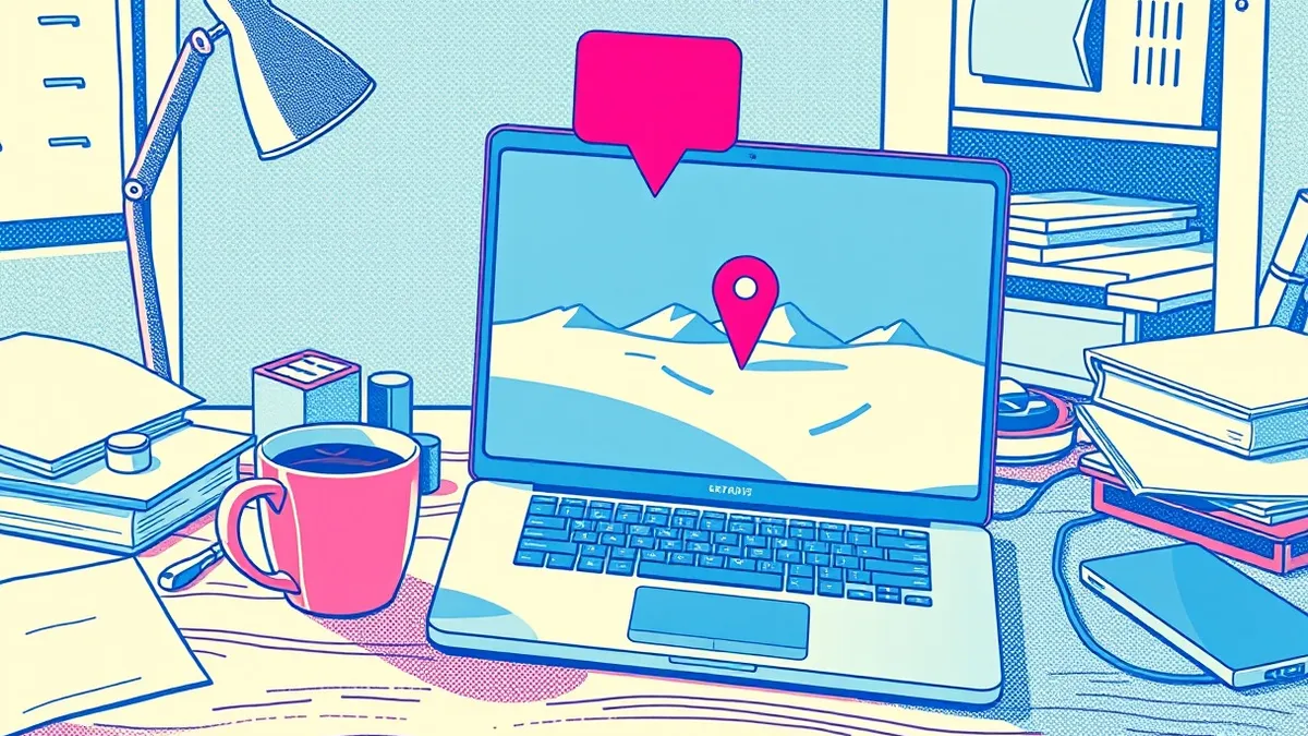 Illustration: A sleek silver laptop sits on a cluttered wooden desk beside a cooling cup of coffee.