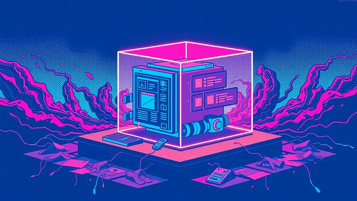 Illustration: A glowing template engine structure sits exposed to raw, jagged data streams that transform into active code blocks.