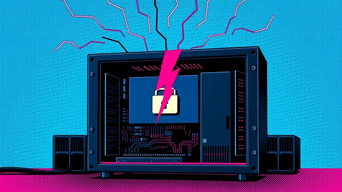 Illustration: A sleek black server unit sits open, revealing a circuit board where a jagged red lightning bolt strikes a blank file upload icon.