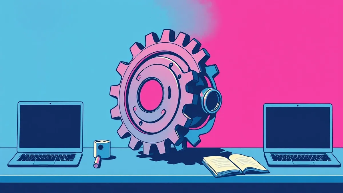 Illustration: A sleek, metallic compiler gear grinds smoothly, catching and crushing sharp, jagged shards of chaotic code before they can escape.
