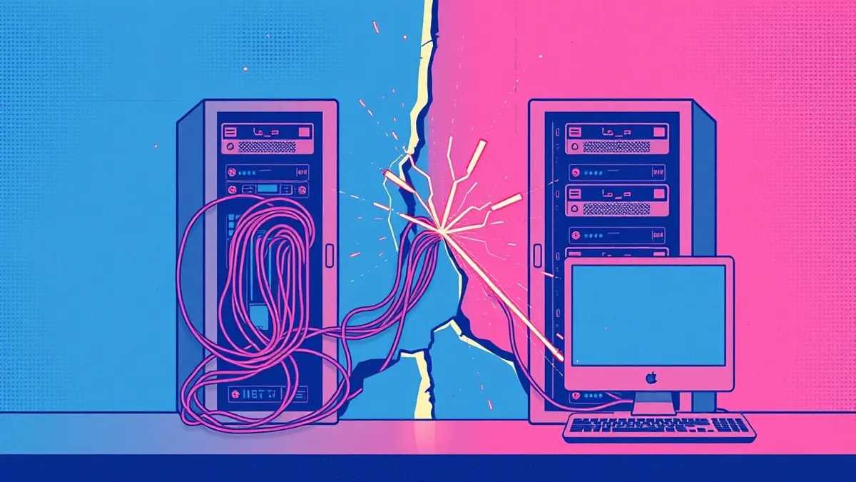 Illustration: A cracked digital wall separates two distinct server compartments.
