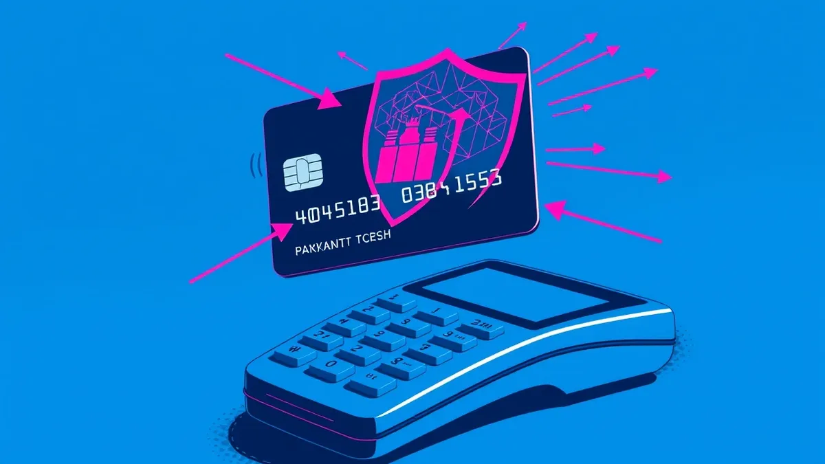 Illustration: A sleek black credit card floats above a payment terminal.