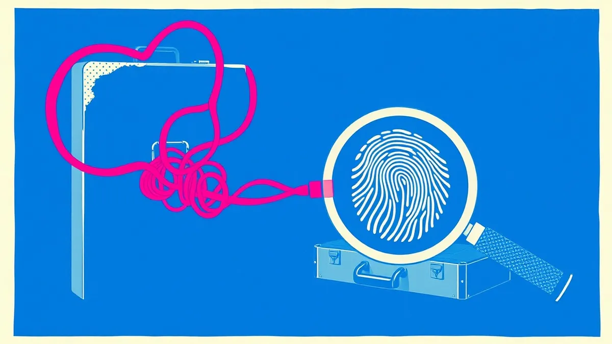Illustration: A tangled red string connects a dusty envelope slot to a locked briefcase, passing through a magnifying glass that highlights a tiny, glowing digital fingerprint on t