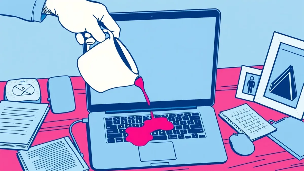 Illustration: A careless hand drops a white coffee cup onto a laptop keyboard, spilling liquid over the keys.
