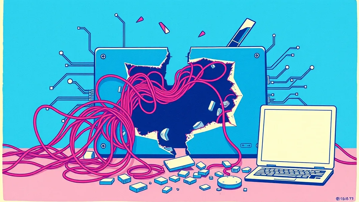 Illustration: A glowing blue software component cracks open, revealing tangled red wires spilling out from its core.