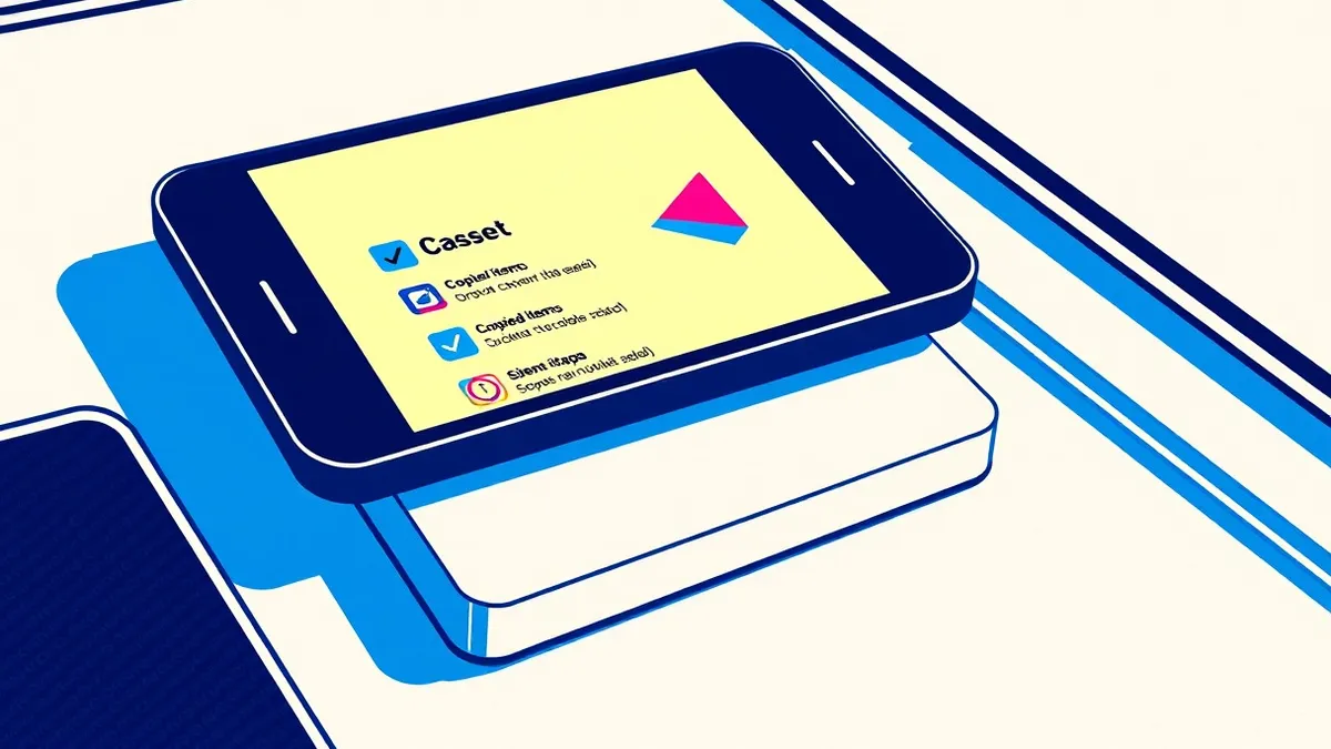 Illustration: A smartphone screen displays a list of copied items with abstract geometric shapes.