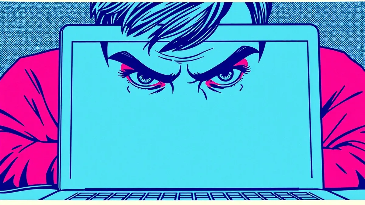 Illustration: A pair of intense eyes peers over the shoulder of an unseen individual, focusing sharply on a blank laptop screen.