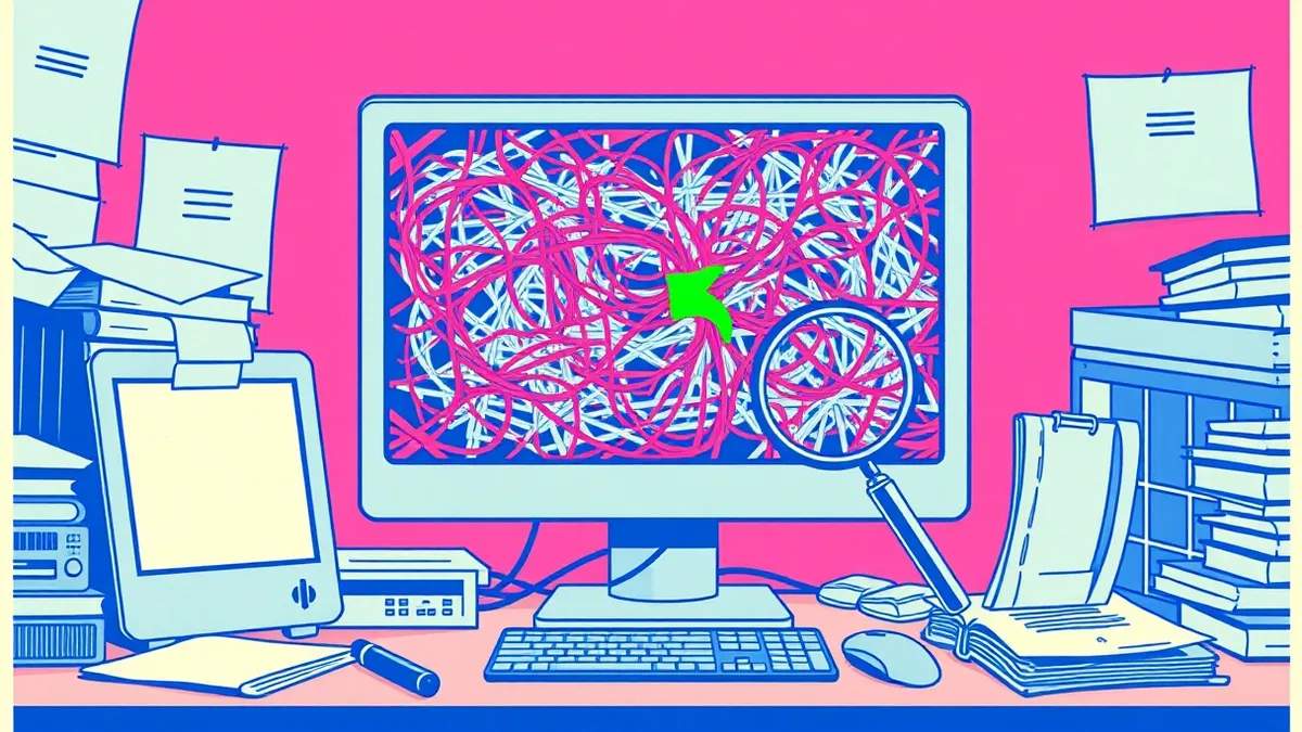 Illustration: A cluttered desk holds a computer monitor displaying a chaotic web of tangled red and grey lines.