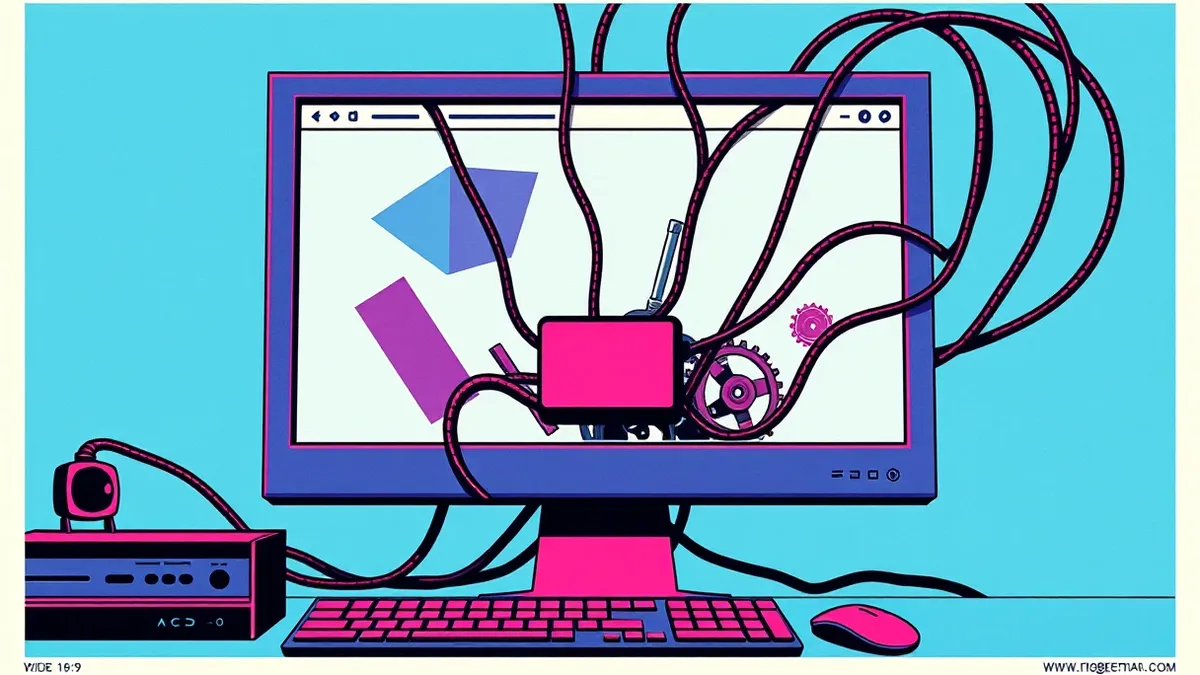 Illustration: A generic desktop computer monitor displays a blank web browser window with abstract geometric shapes.