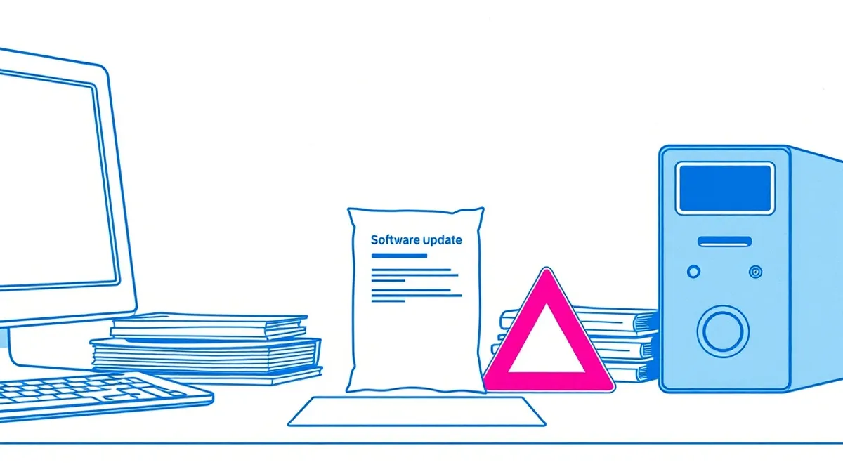 Illustration: A solitary software update package sits isolated on a clean desk, separated from a neat stack of routine maintenance folders.