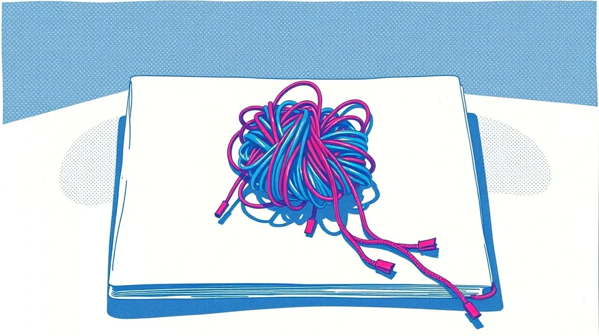 Illustration: A tangled knot of colorful thread rests on a white surface, with loose ends slipping through gaps in a woven mesh.