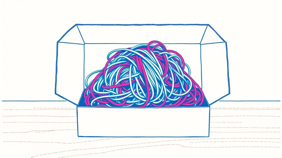 Illustration: A tangled knot of colorful yarn loops sits inside an open cardboard box filled with loose threads.