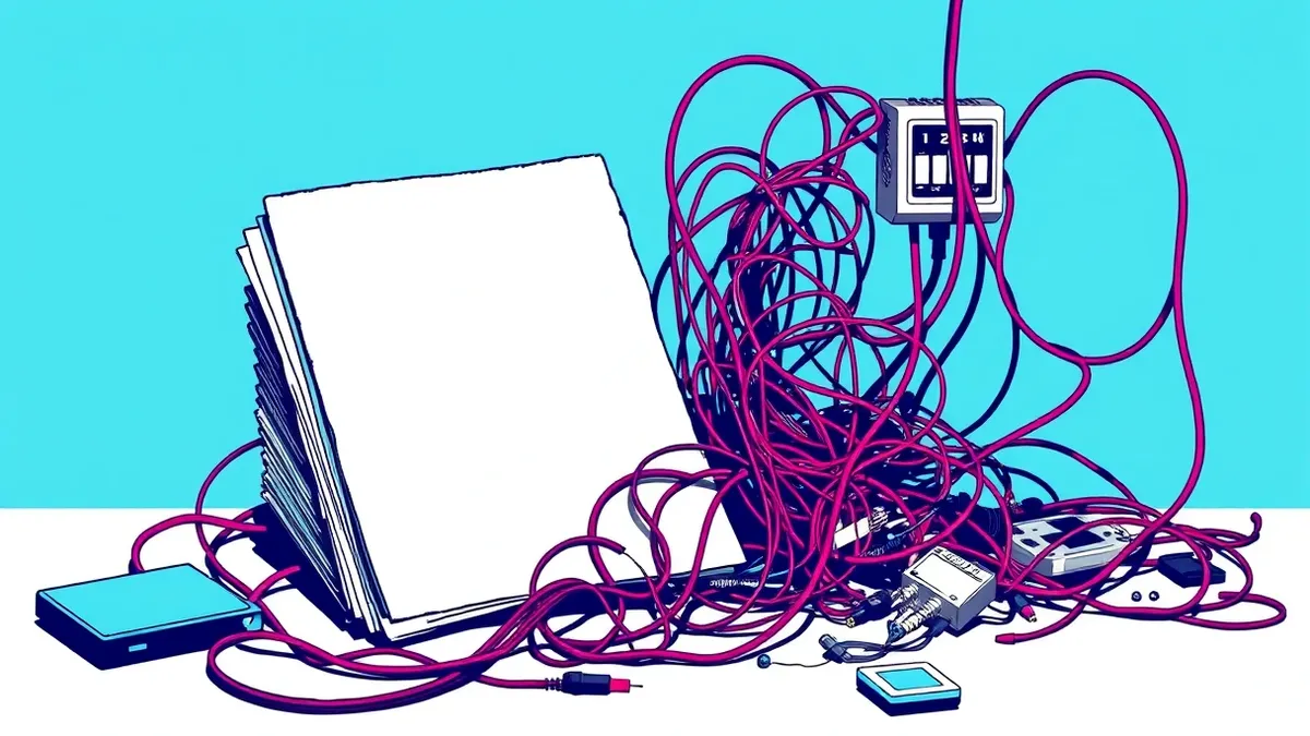 Illustration: A clean stack of blank paper templates rests neatly beside a tangled, chaotic web of loose wires and exposed circuitry.