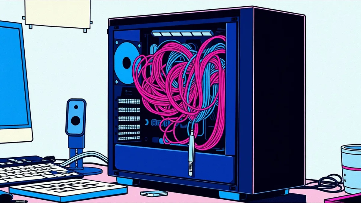 Illustration: A sleek black computer tower sits on a cluttered desk beside a white keyboard.
