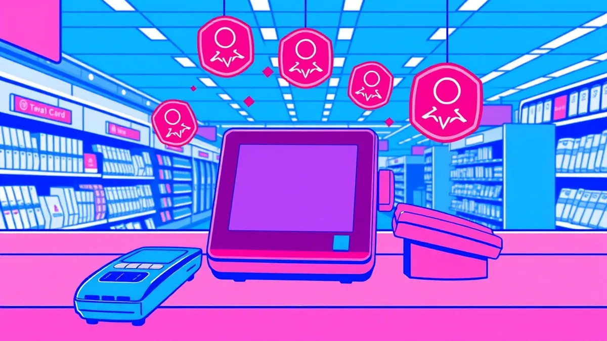 Illustration: A retail checkout counter holds a blank payment terminal and a credit card reader.