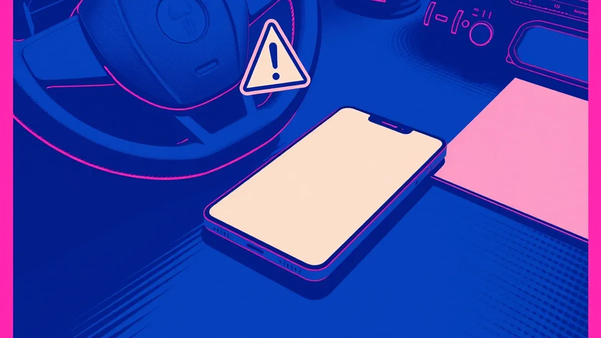 Illustration: A sleek, blank smartphone rests on a dark desk next to a steering wheel component.