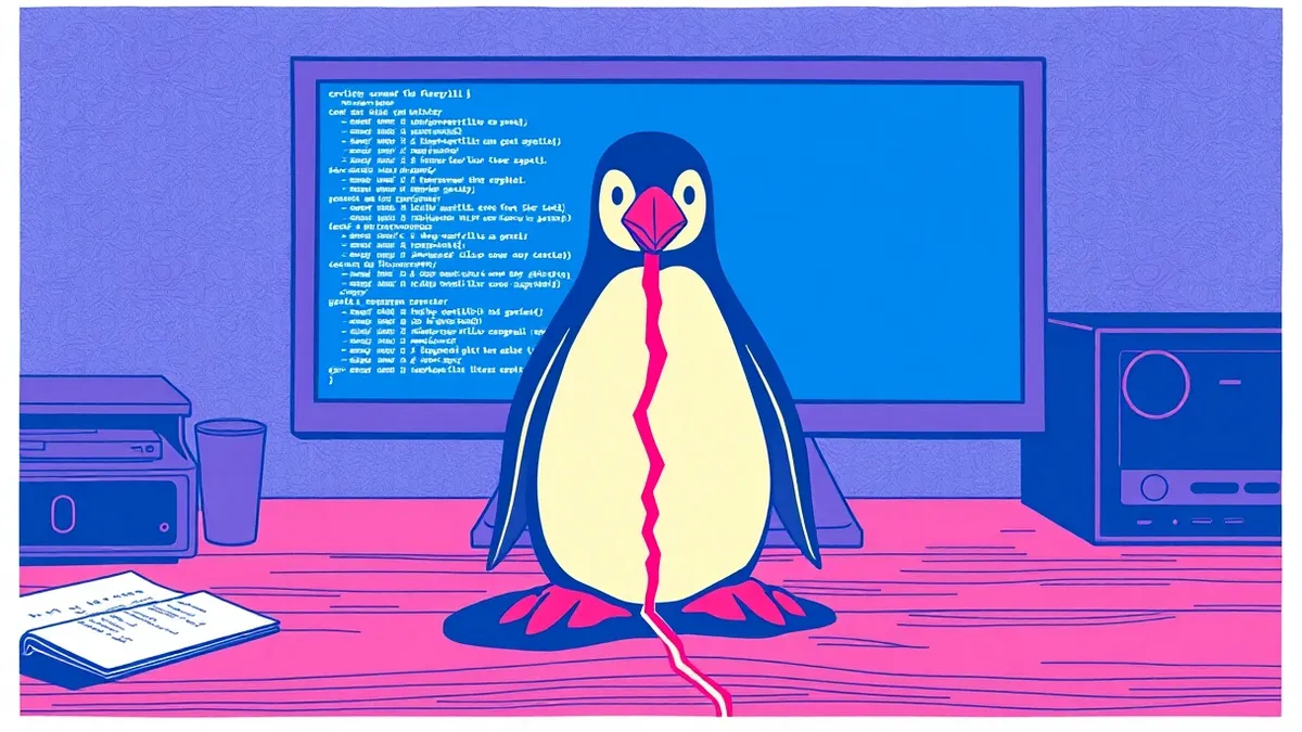 Illustration: A glowing FreeBSD penguin statue stands on a wooden desk beside an open terminal window displaying abstract code lines.
