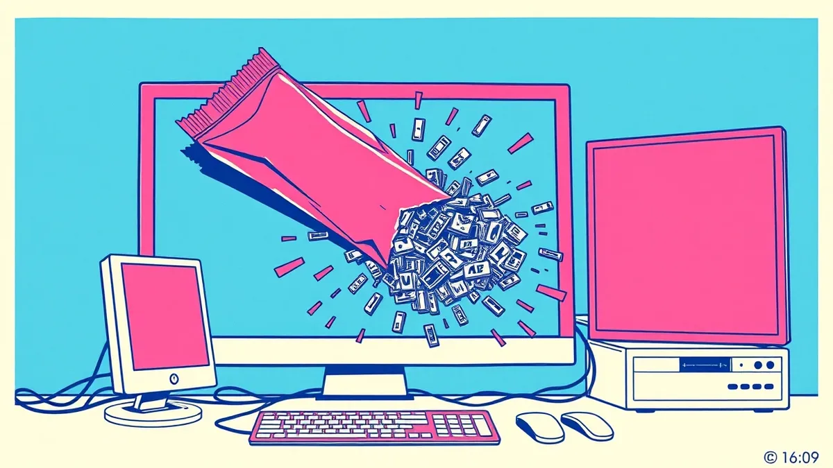 Illustration: A red packet with jagged edges bursts through the audio channel of a desktop screen, causing the memory heap inside to rupture and spill chaotic data streams across t