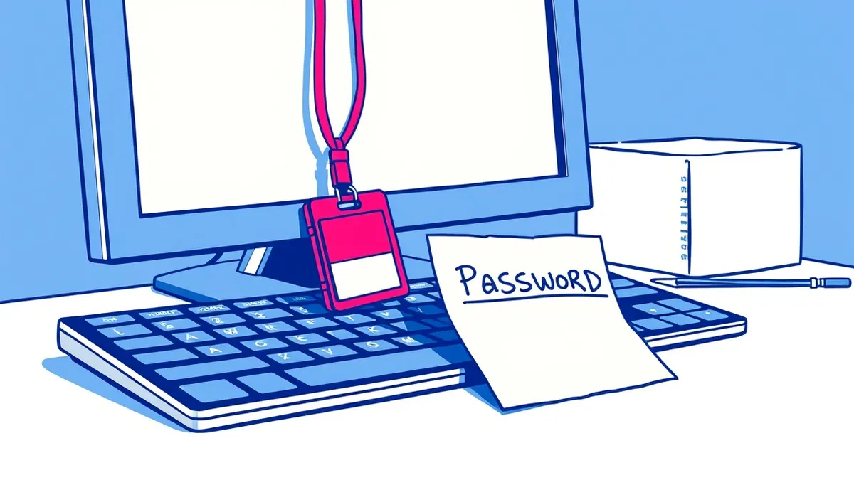 Illustration: A sleek office keyboard sits beside a crumpled sticky note with a generic password scribbled in black ink.