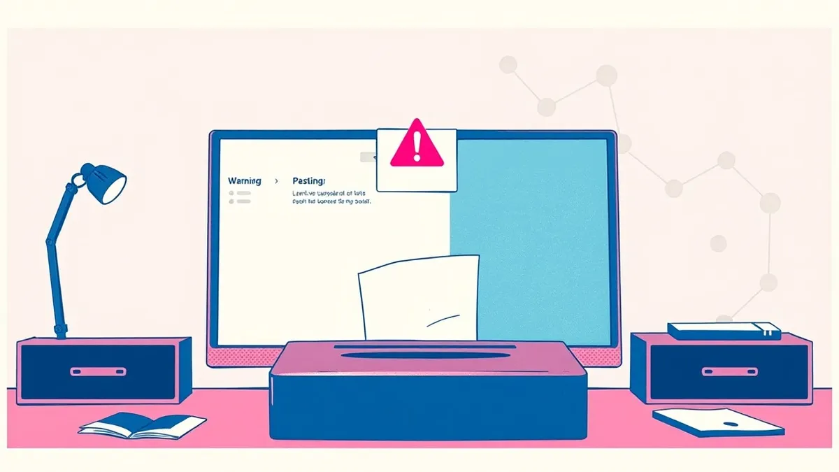 Illustration: A generic office desk holds an open inbox interface with a suspicious message hovering above a paper shredder.