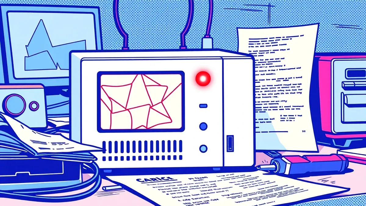 Illustration: A network firewall device sits on a cluttered desk next to a technical manual and a screwdriver.
