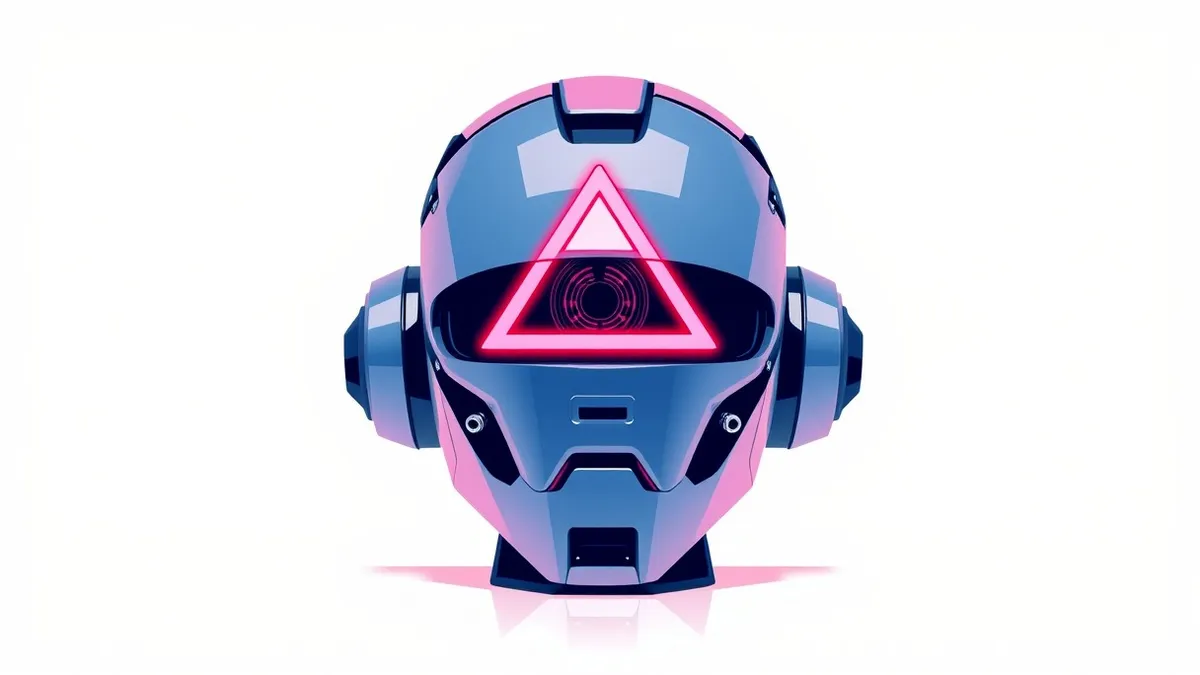 Illustration: A sleek robotic head sits isolated on a plain white desk.