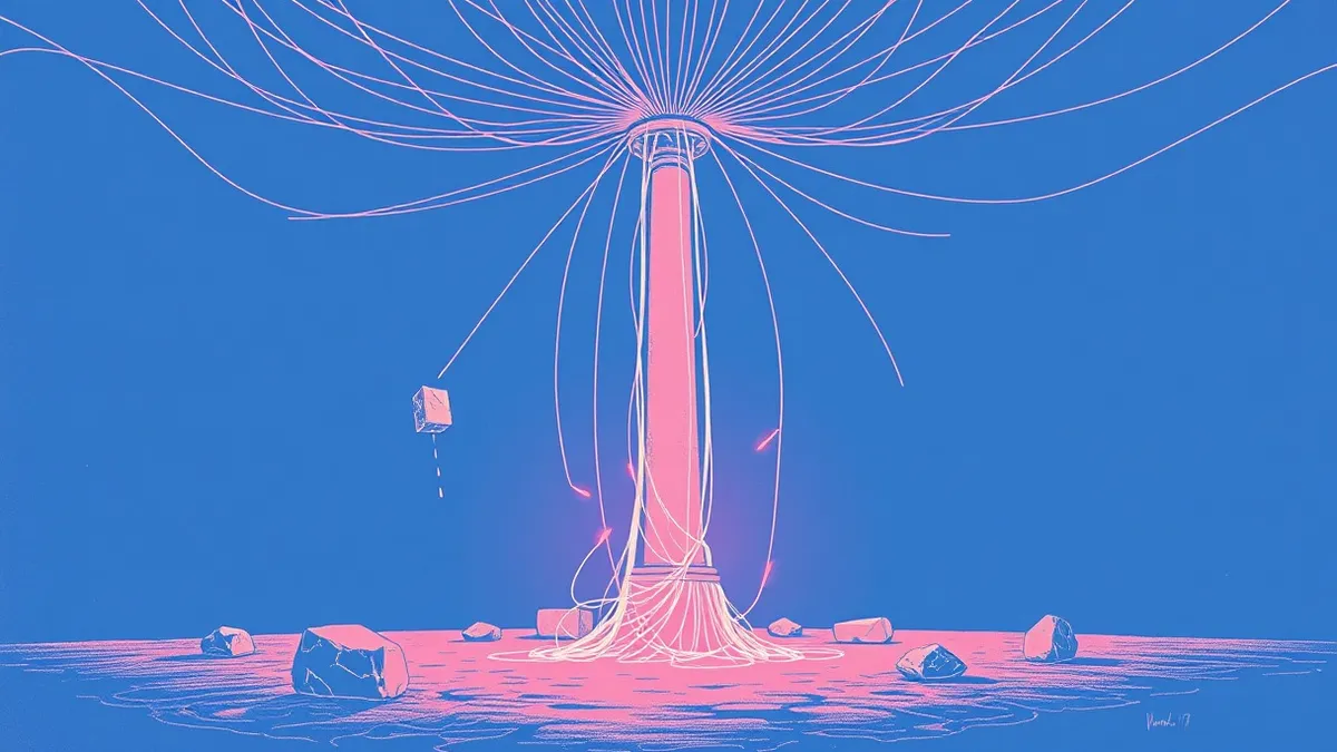 Illustration: A tangled web of thin, glowing threads connects a central, sturdy pillar to several smaller, detached stone blocks.