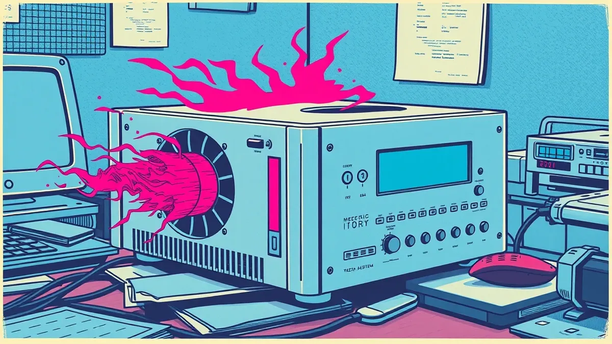 Illustration: A sleek silver media encoder sits on a cluttered desk, its ventilation fans spinning wildly as a distorted digital waveform pulses through its side panel.