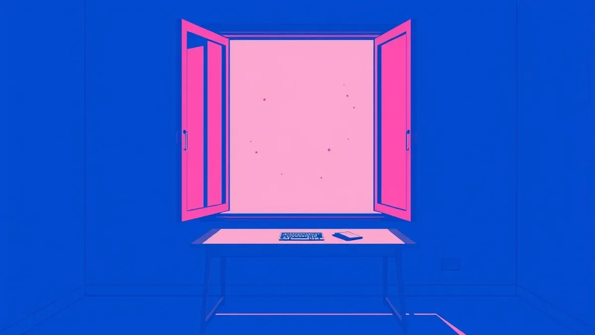 Illustration: An open window frame stands ajar in a quiet office building, allowing a gentle breeze to drift through the empty room.