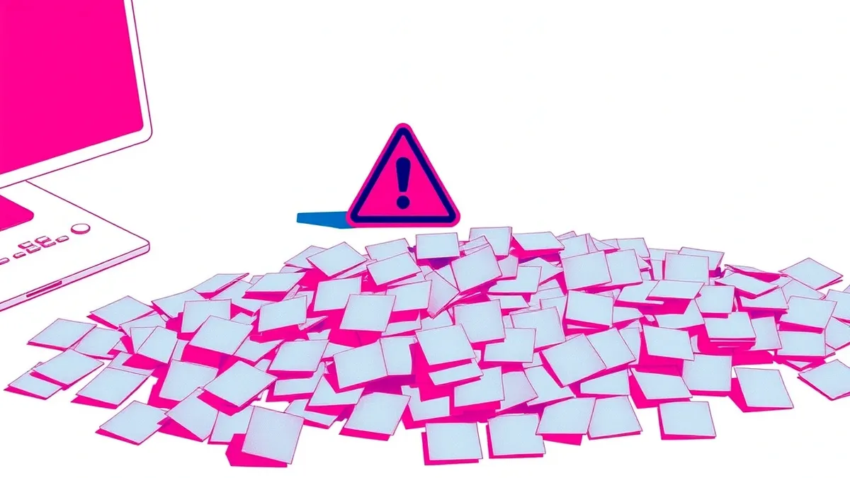 Illustration: A single red warning icon sits isolated on a stark white desk, surrounded by a chaotic pile of blank gray sticky notes that spill off the edge like forgotten paper sn