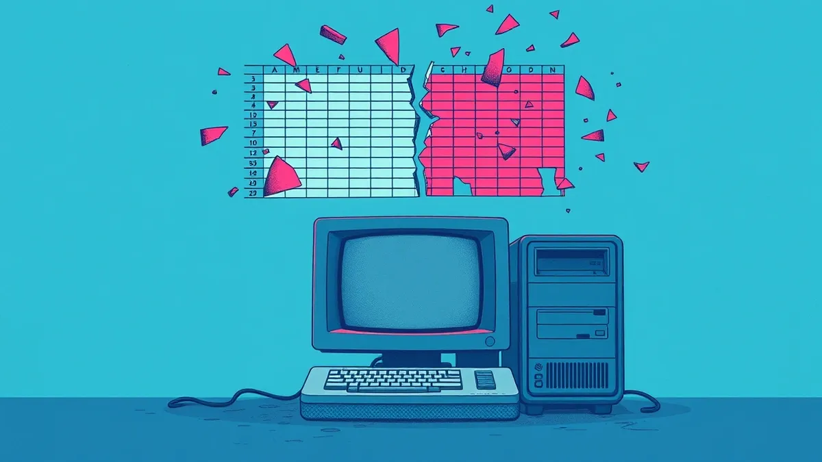 Illustration: A cracked spreadsheet grid floats above a dusty, outdated desktop computer.